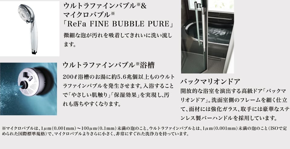 ウルトラファインバブル※&マイクロバブル※「ReFa FINE BUBBLE PURE」微細な泡が汚れを吸着してきれいに洗い流します。ウルトラファインバブル※浴槽 200ℓ浴槽のお湯に約5.6兆個以上ものウルトラファインバブルを発生させます。入浴することで「やさしい肌触り」「保湿効果」を実現し、汚れも落ちやすくなります。バックマリオンドア 開放的な浴室を演出する高級ドア「バックマリオンドア」。洗面室側のフレームを細く仕立て、面材には強化ガラス、取手には豪華なステンレス製バーハンドルを採用しています。 ※マイクロバブルは、1μm（0.001mm）〜100μm（0.1mm）未満の泡のこと。ウルトラファインバブルとは､1μm（0.001mm）未満の泡のこと（ISOで定められた国際標準規格）で､マイクロバブルよりさらに小さく､非常にすぐれた洗浄力を持っています。