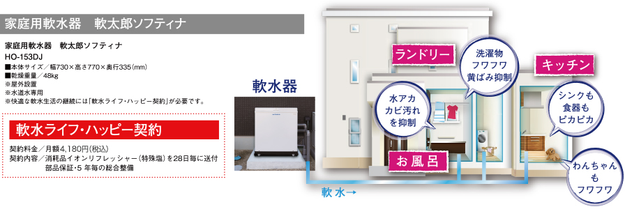 家庭用軟水器　乾太郎ソフティナ HO-153DJ ■本体サイズ／幅730×高さ770×奥行335（mm）■乾燥重量／48kg ※屋外設置 ※水道水専用 ※快適な軟水生活の継続には「軟水ライフ・ハッピー契約」が必要です。軟水ライフ・ハッピー契約 契約料金／月額4,180円（税込）契約内容／消耗品イオンリフレッシャー（特殊塩）を28日毎に送付 部品保証・5年毎の総合整備